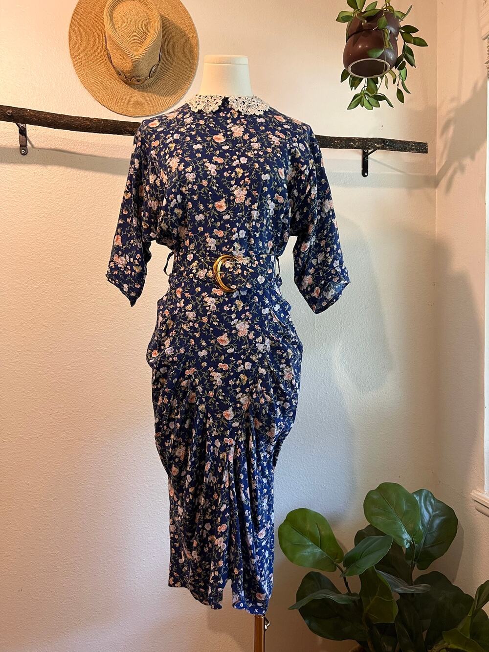 Vintage Blue Cottage Floral Lace Collar Belt Summer Dress Size Small Joni Blair